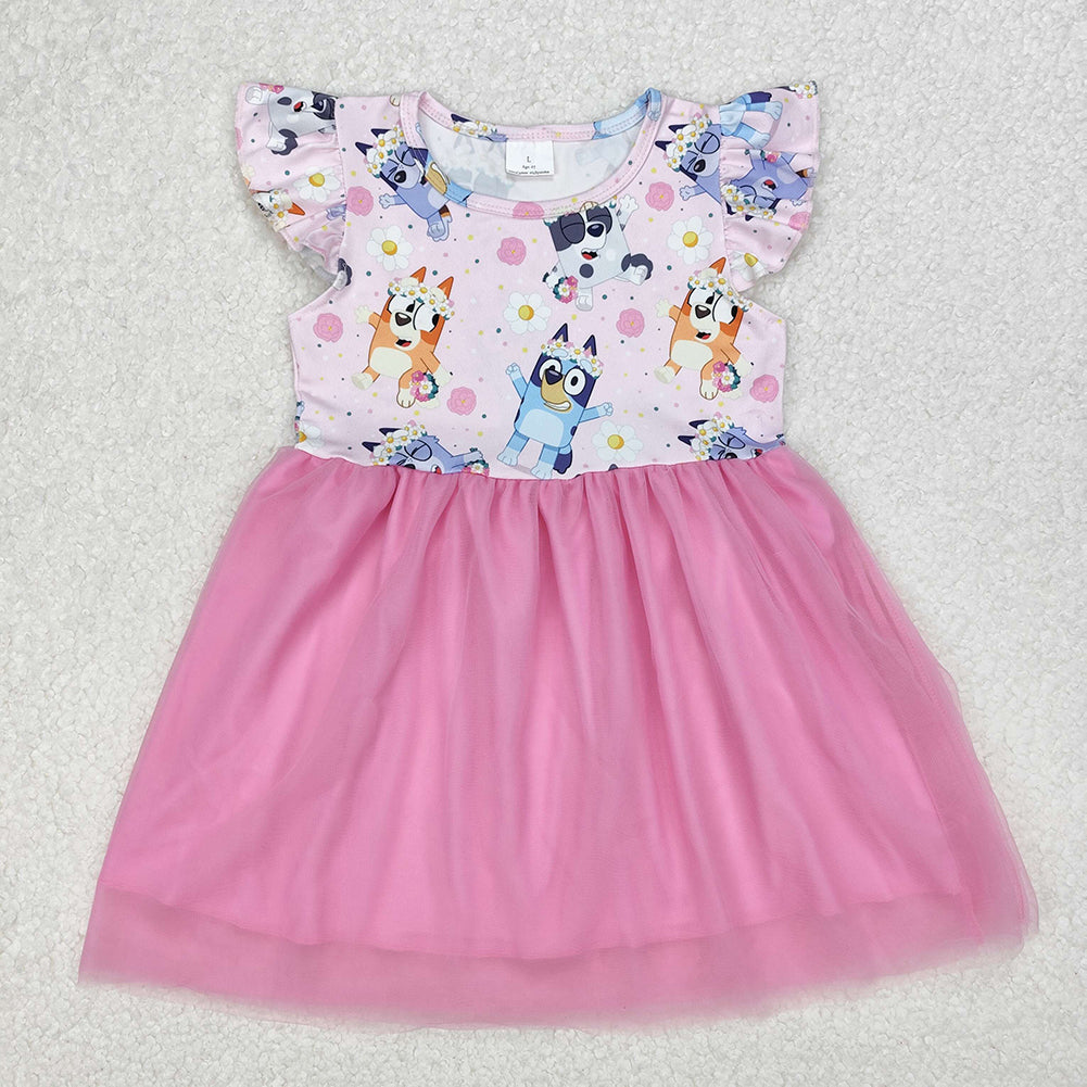 GSD1789Kids Girls Pink Floral Tulle Dress with Flutter Sleeves Dog Pattern Cute Children's Party Wear