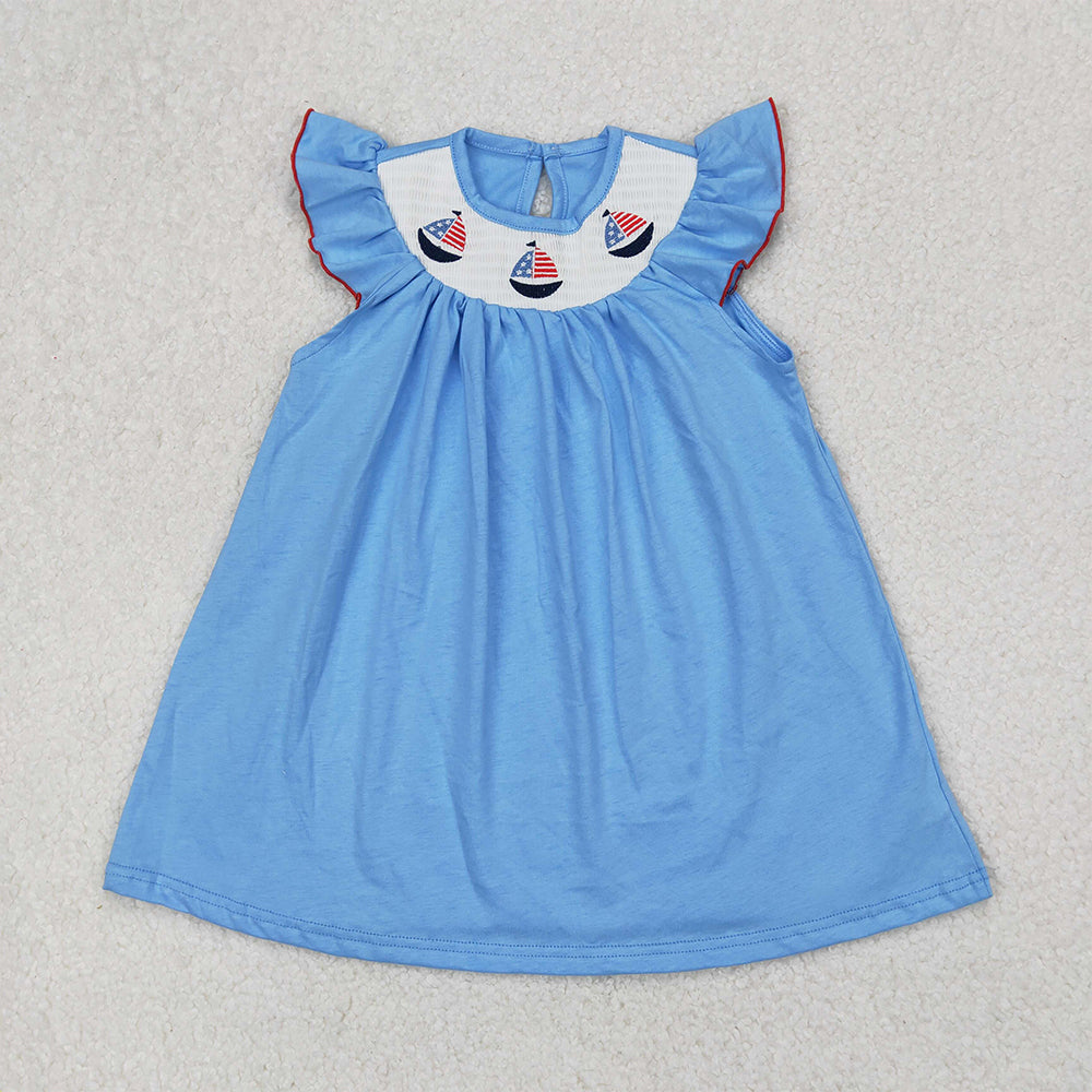 4.30 GSD1818 RTS NO MOQ Light blue boat smocked girls 4th of july dresses