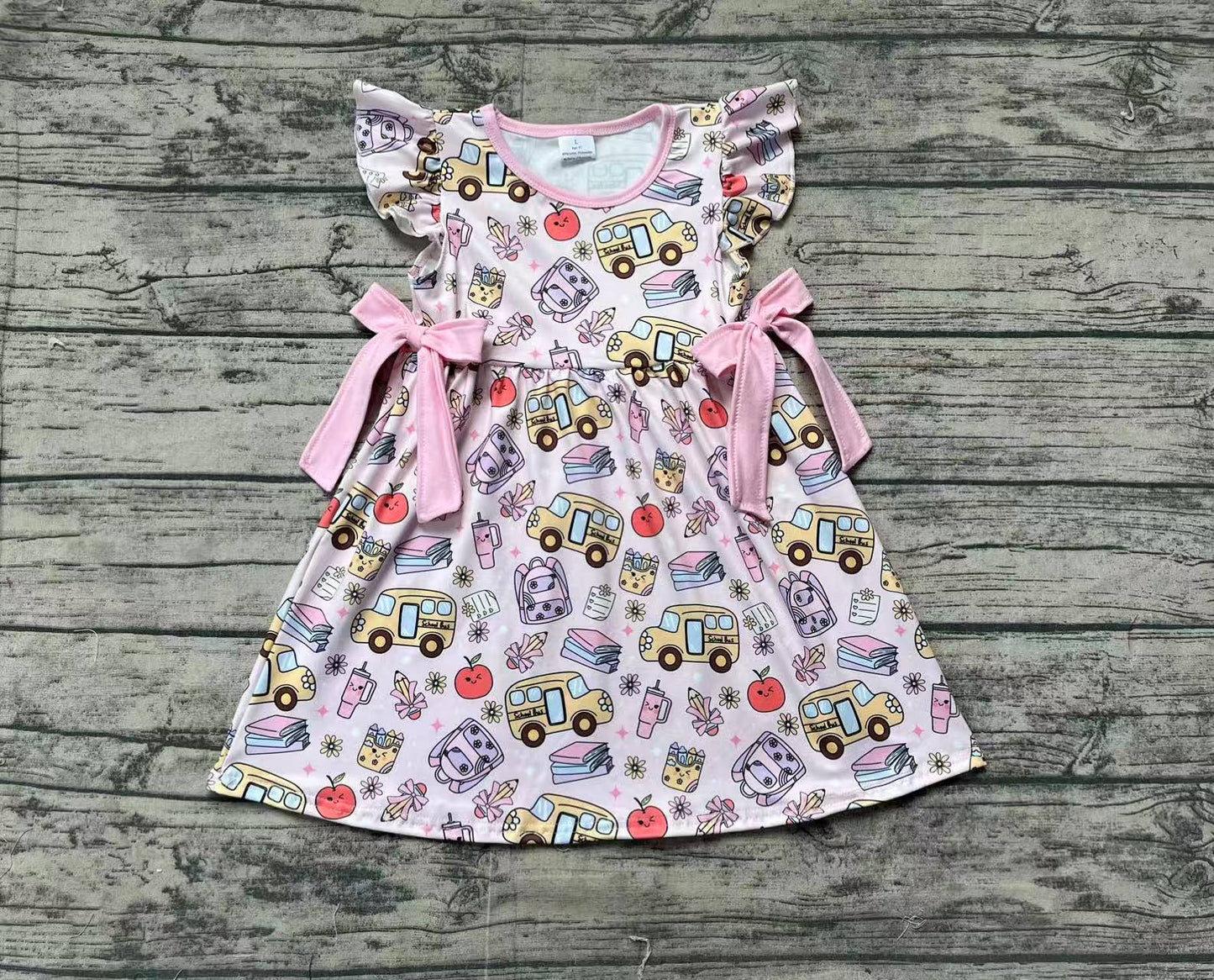 GSD1819Baby Girls Back to School Dress with Flutter Sleeves Apple Pencil Book Print Cute Casual Fashion for Kids