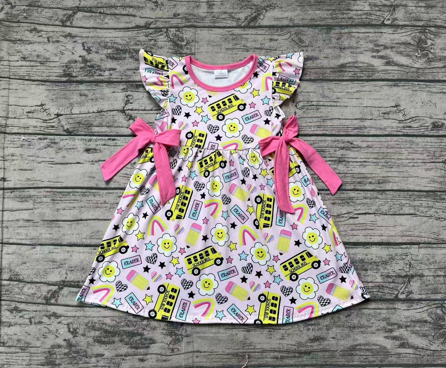 GSD1822Floral Girls Back to School Dress with Flutter Sleeves Eraser Pencil Detail Cute Children's Fashion for Female Students