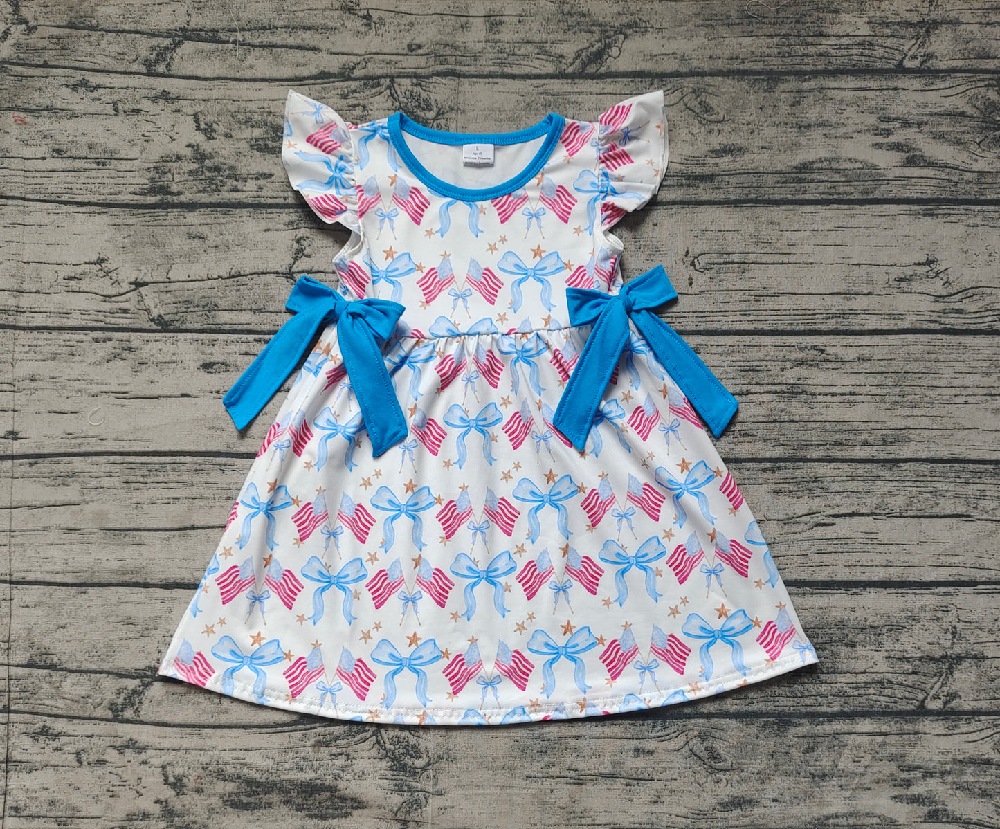 GSD1825Girls 4th of July Dresses with Flag Bows And Stars Cute Flutter Sleeve Tops for Little Girls