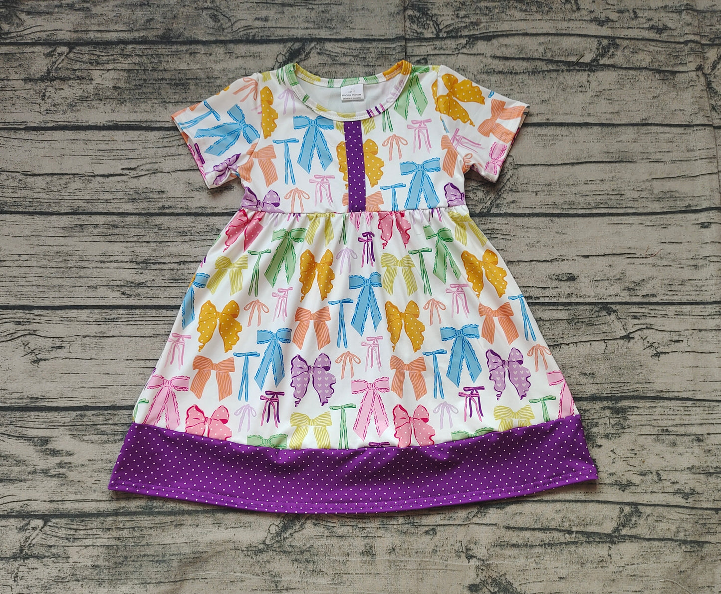GSD1834Short sleeves bow purple polka dots girls summer dresses