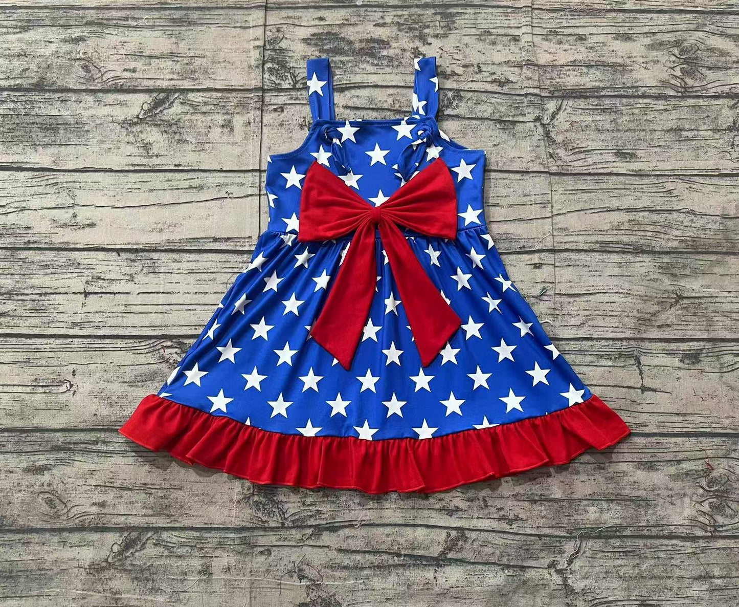 GSD1854Blue straps stars ruffle bow baby girls 4th of july dresses