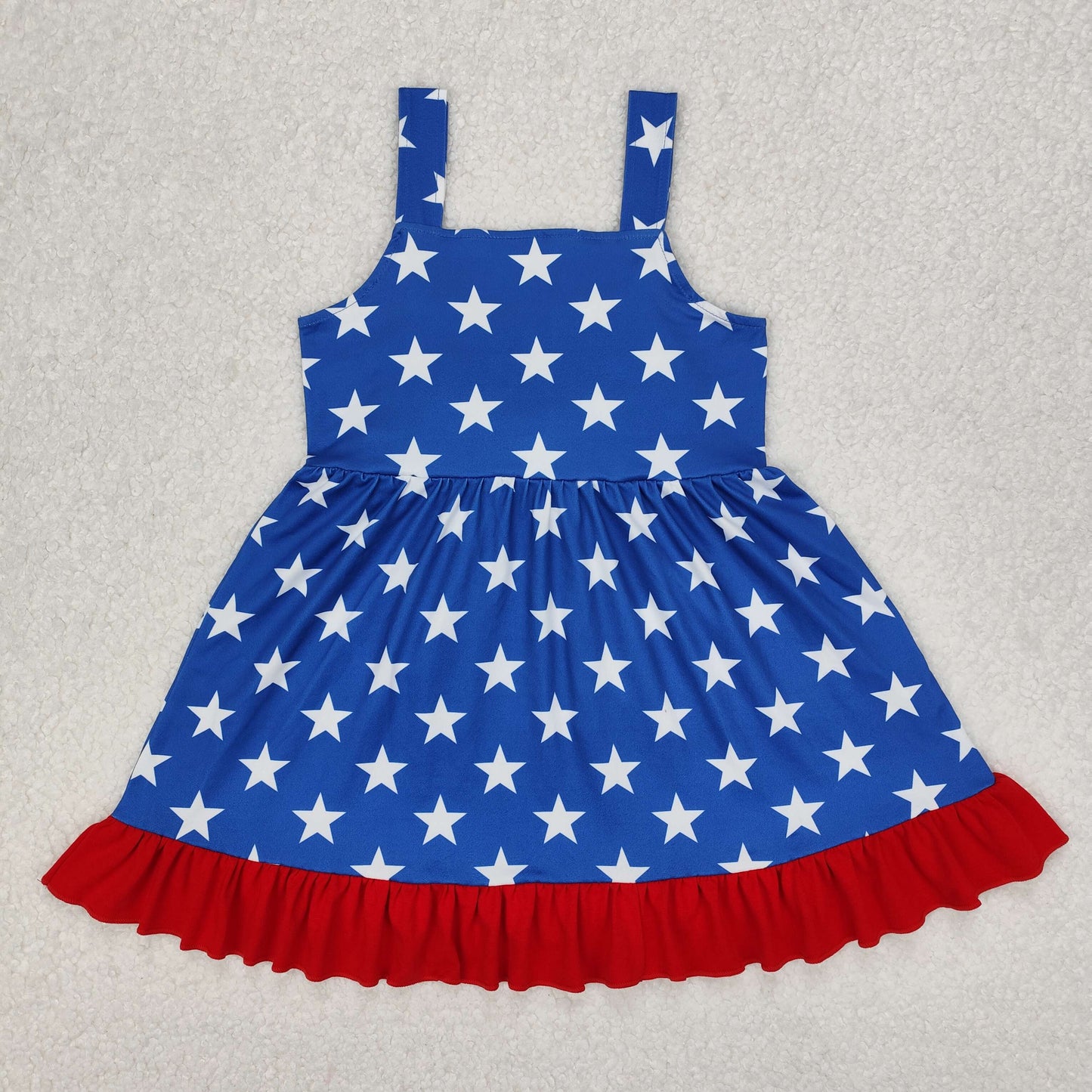 GSD1854Baby Girls Blue Straps Stars Ruffle Bow Dress for 4th of July Independence Day Outfit