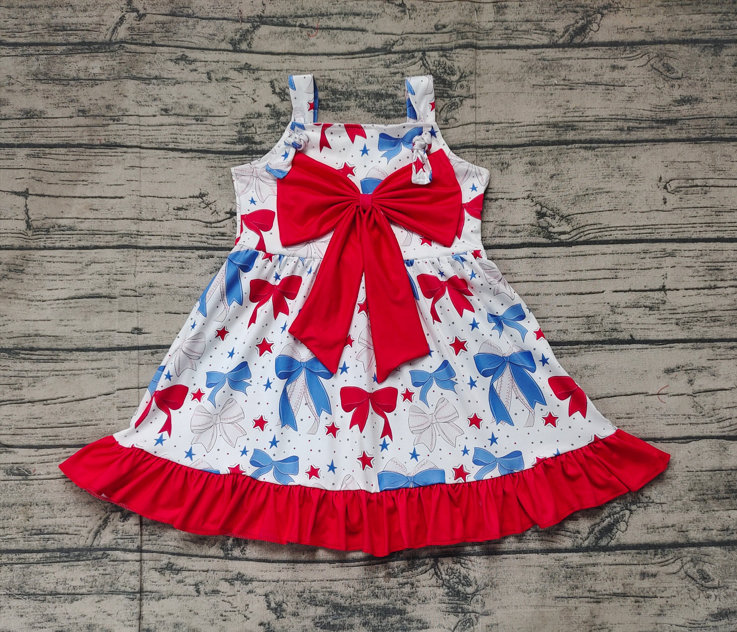 GSD1866Baby Girls Straps Dresses Red Blue Baseball Bow Cute Fashionable Kids Clothing