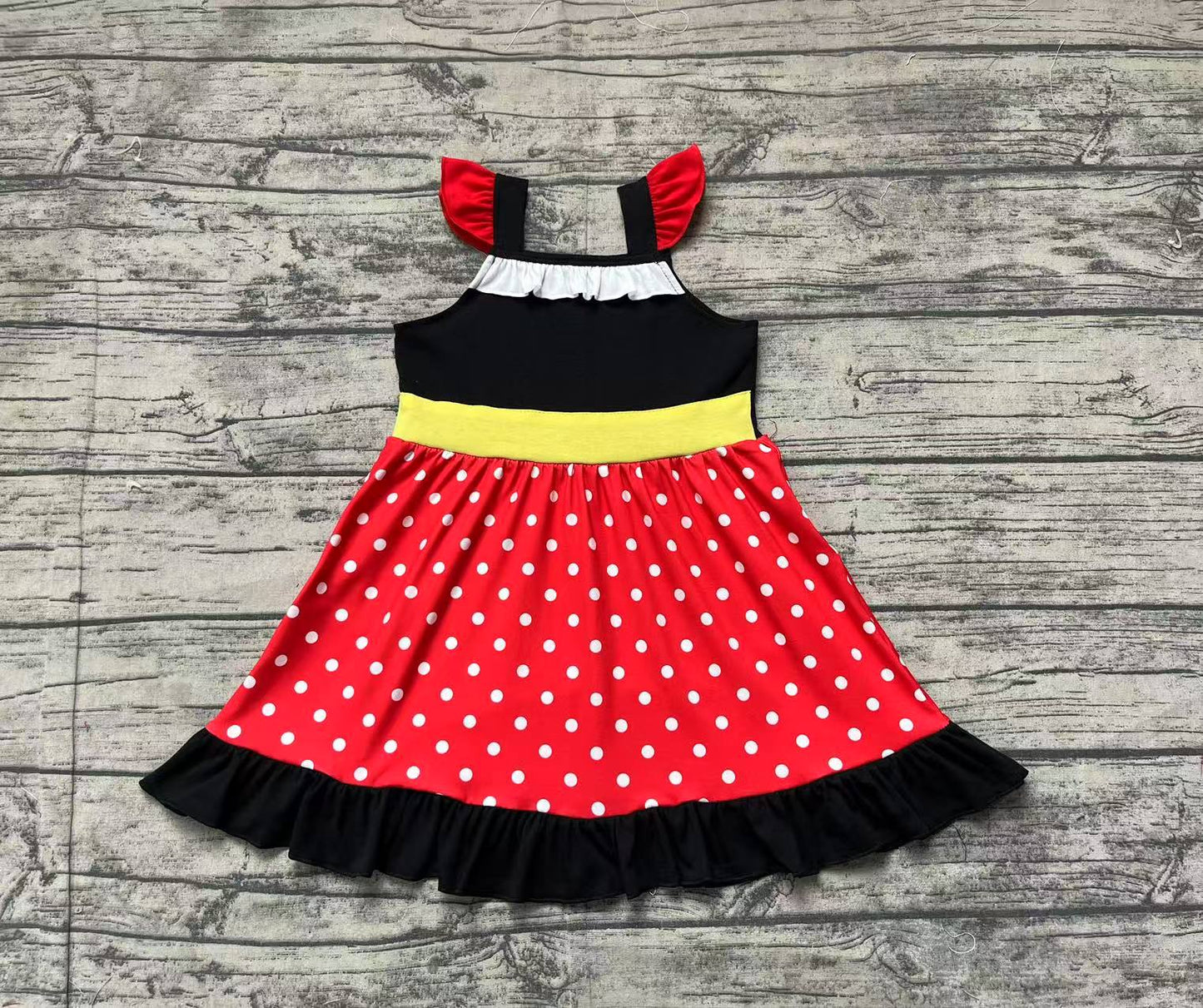 GSD1878Red Polka Dots Mouse Flutter Sleeves Ruffle Baby Girls Dress Cute Children's Clothing with Mouse Design