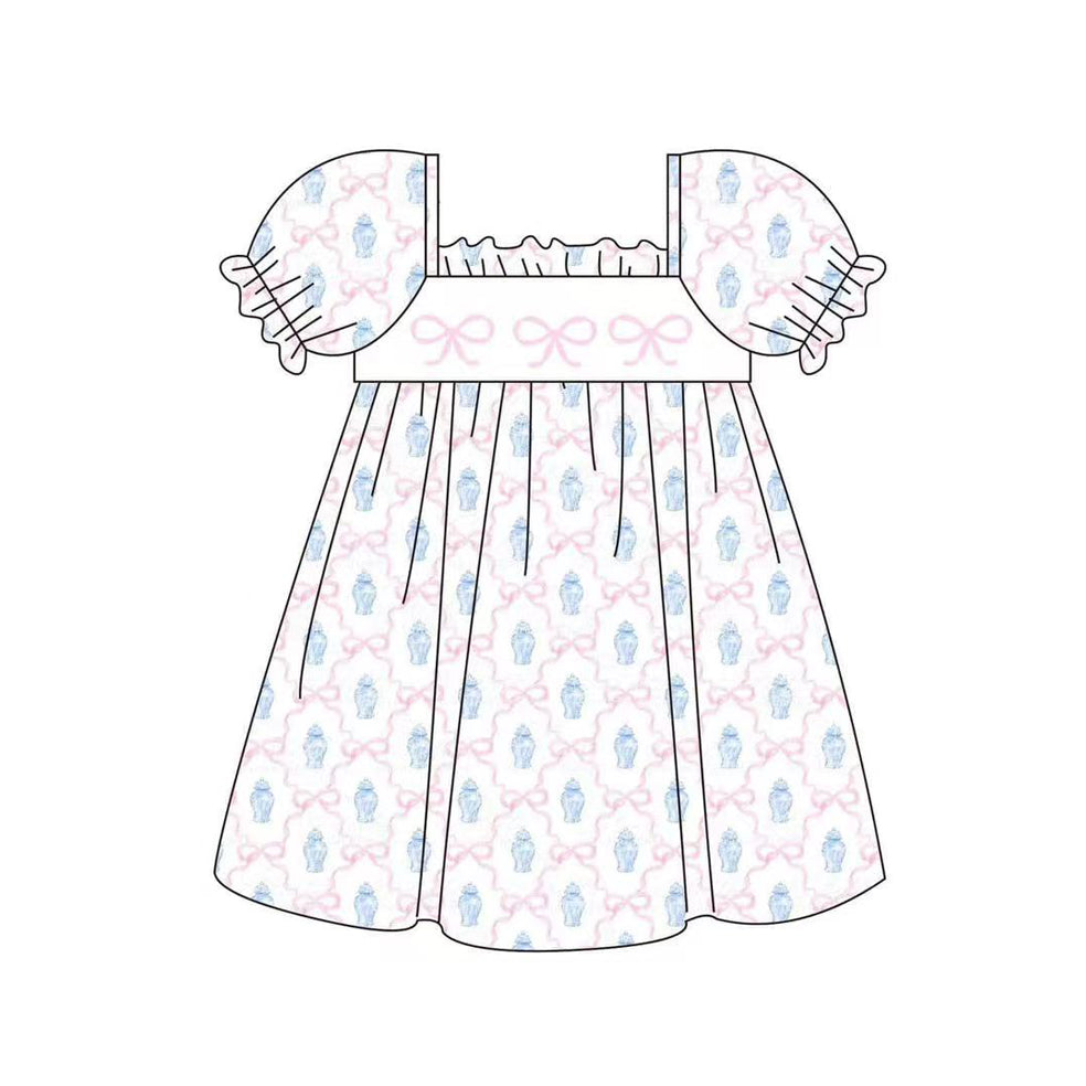 Short sleeves pink bow kids girls spring summer dress