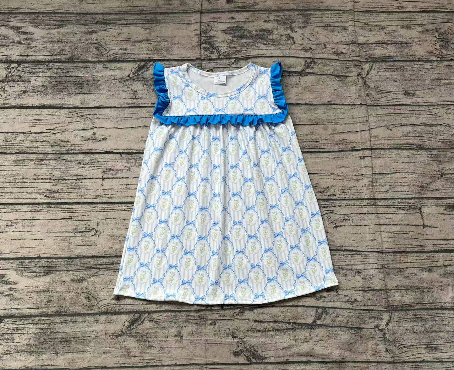 GSD1893Blue ruffle stripe floral bow baby girls summer dress