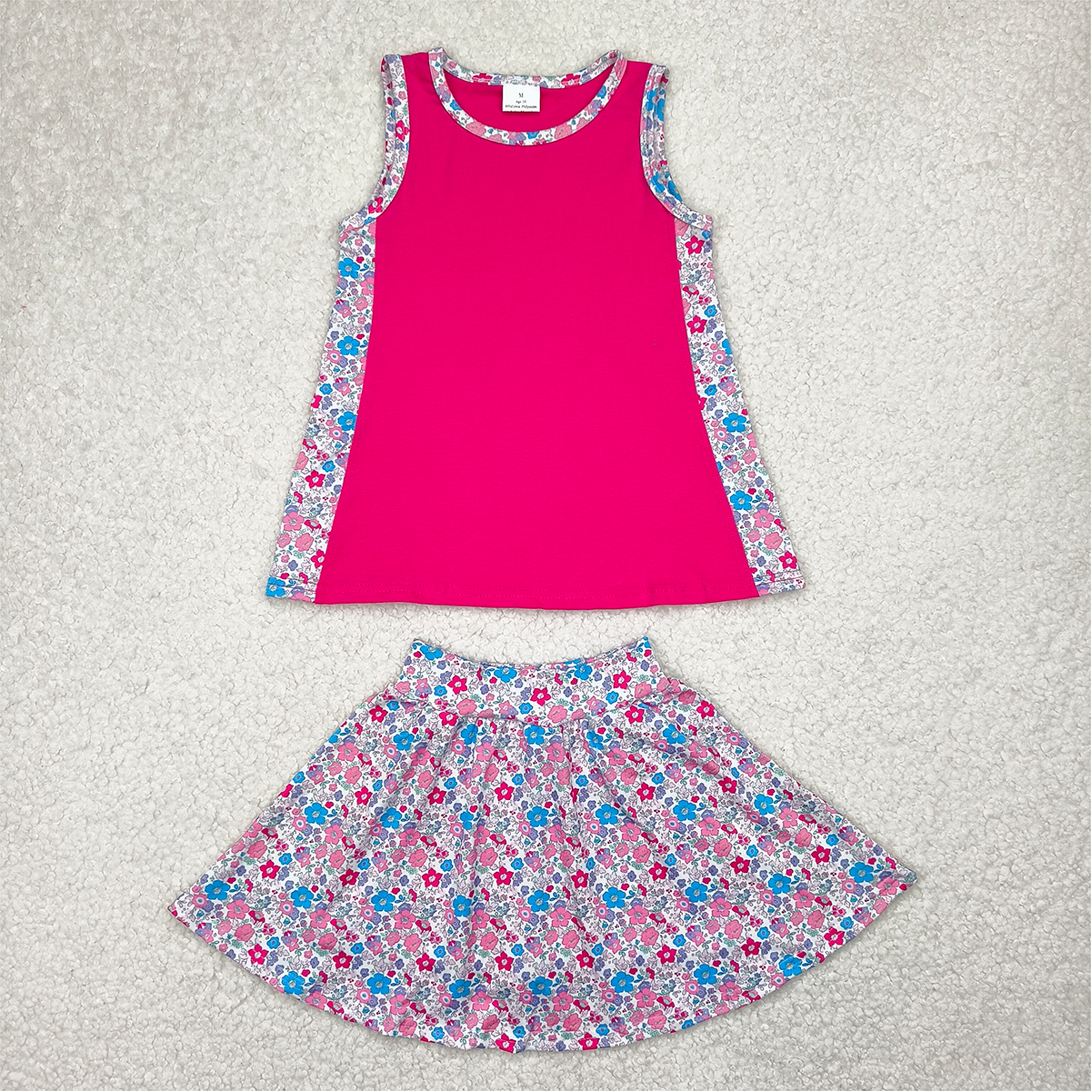 4.11 GSD1926 RTS NO MOQ Baby Girls Summer Outfits Sleeveless hot pink top floral skirt kids girls clothes