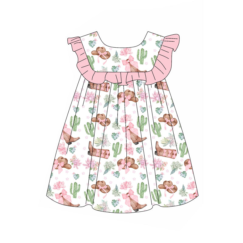 Pink ruffle cactus boots hat western girls clothing set
