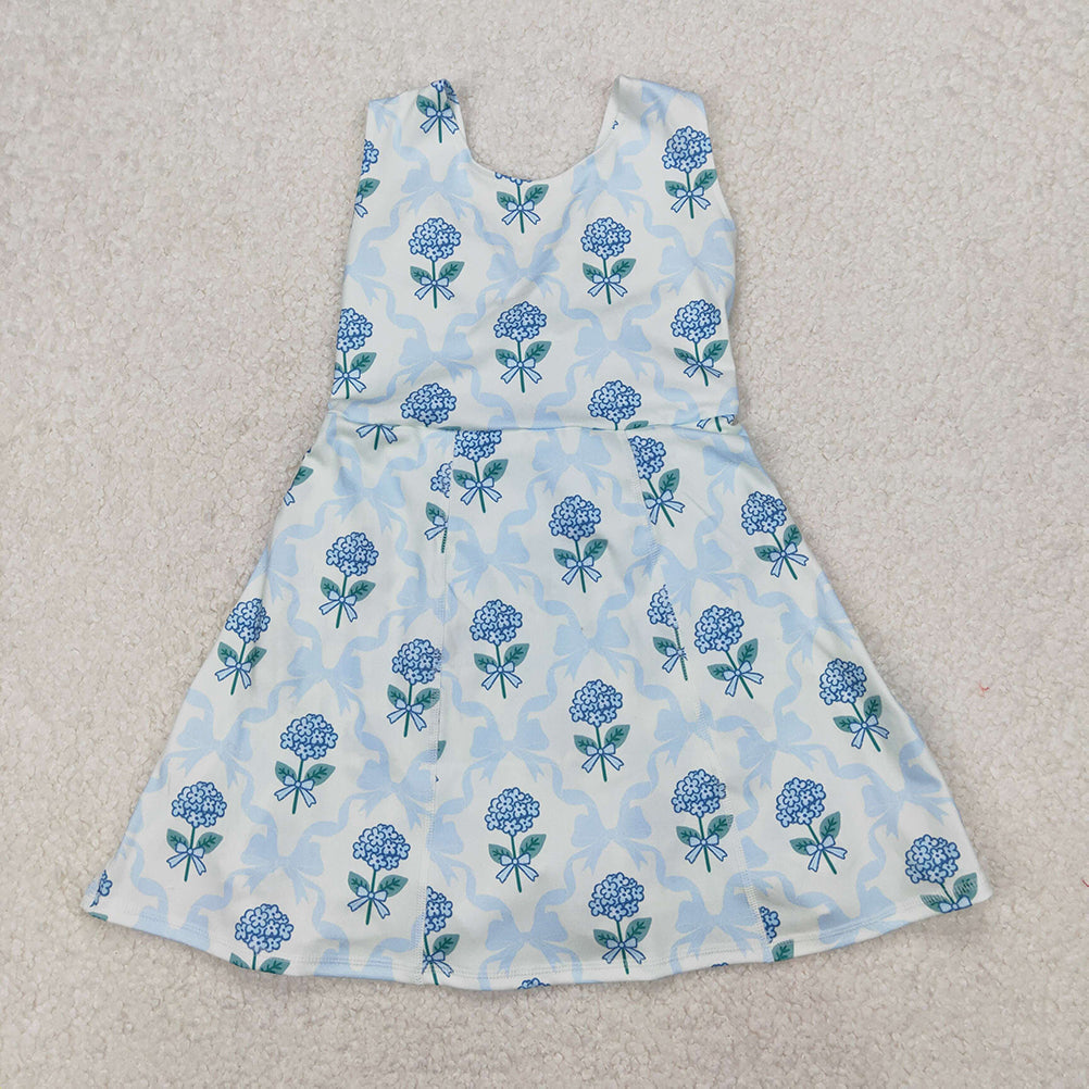 GSD1944 RTS NO MOQ Baby Girls Summer Yoga Dress Sleeveless light blue bow floral baby girls athletic dresses