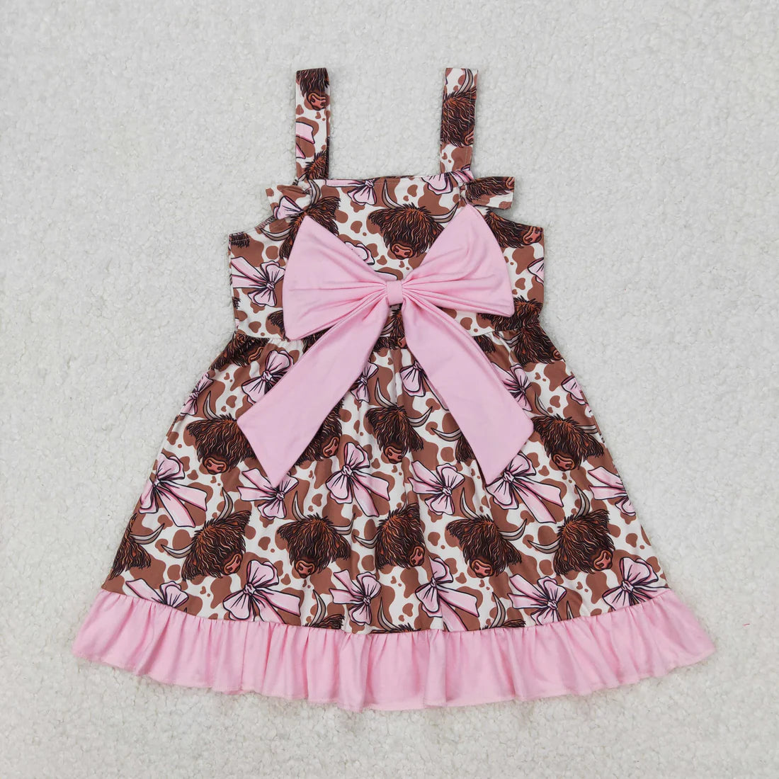 3.18 RTS Sibling Baby Girls Strap Bows Cows 4th of July Western Ruffle Knee Length Dresses