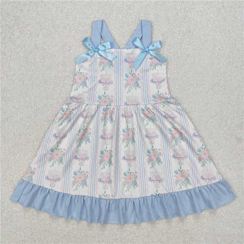 6.04 Light Blue Straps Floral Cake Bow Girls Birthday Clothes Cute Feminine Design for Children's Party Outfit