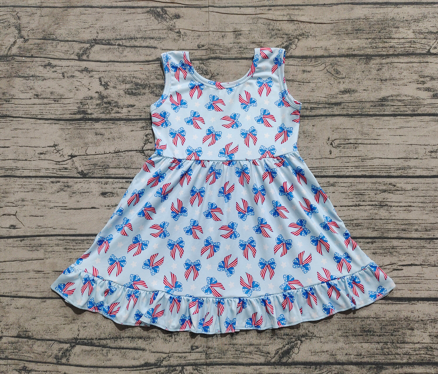 GSD1965Baby Girls Sleeveless Dress Blue Stars Stripe Bows Fourth of July Outfit for Toddlers
