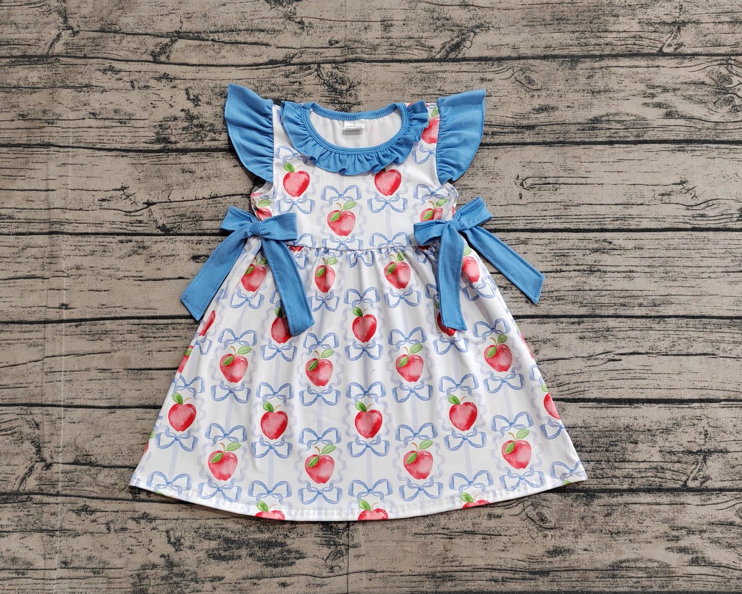GSD1966Kids Girls 4th of July Dresses with Flutter Sleeves Bow Apple Design for Children's Clothing