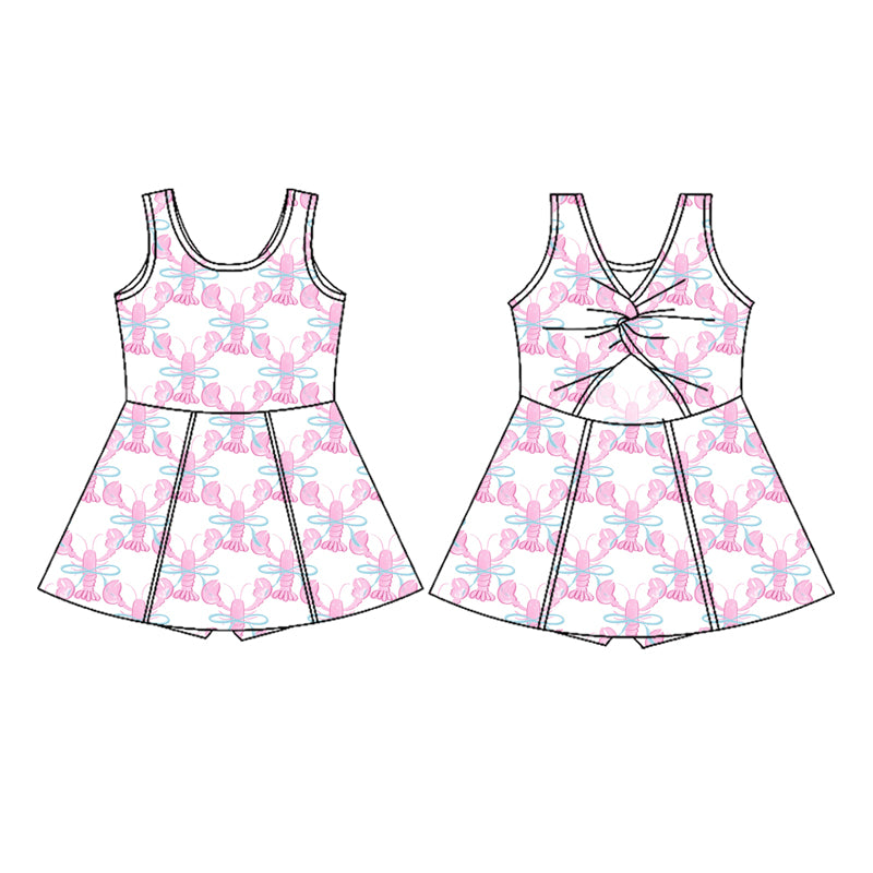 Sleeveless pink crawfish bow kids girls athletic dresses