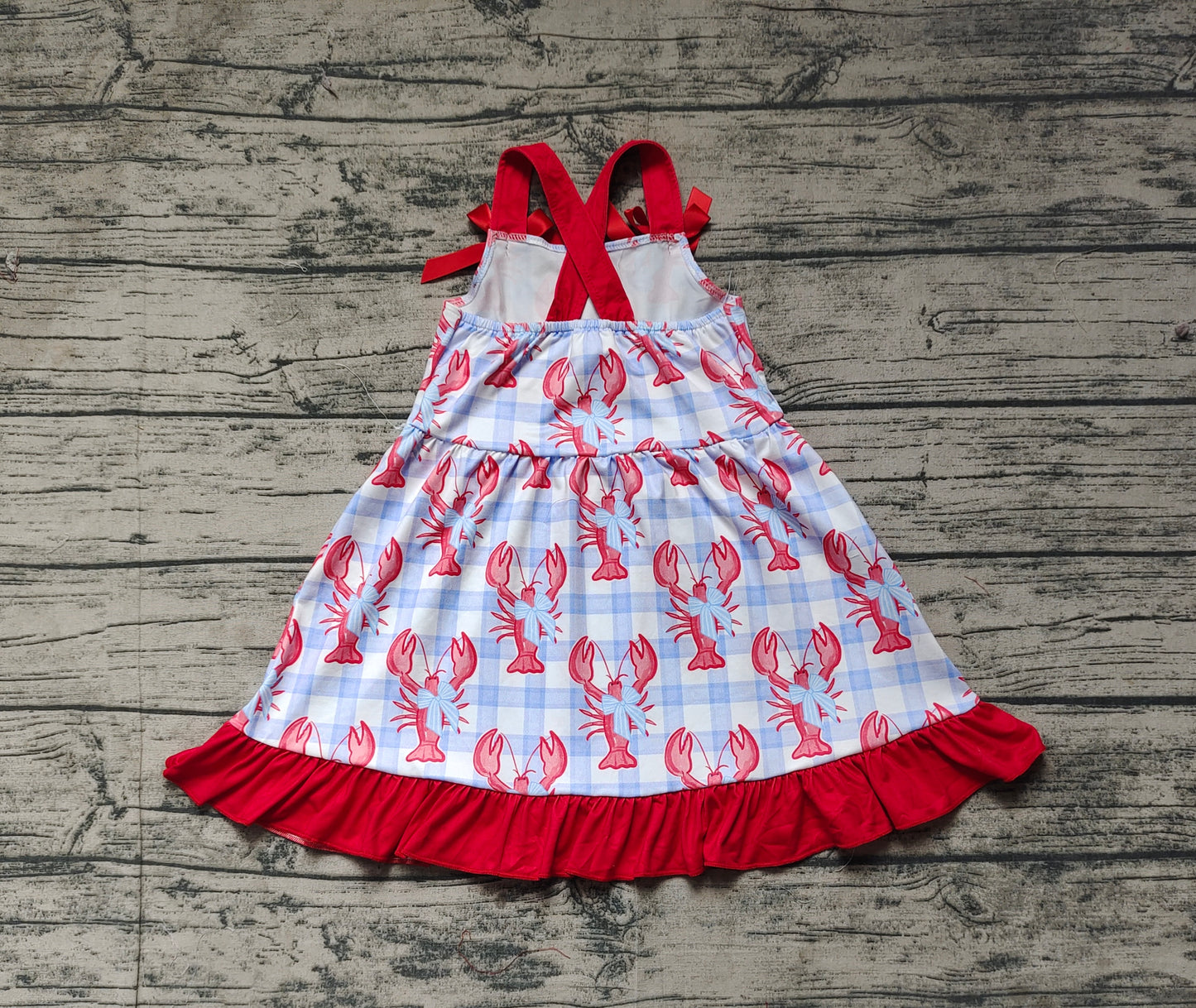 GSD1968Red Bow Straps Crawfish Plaid Dress for Baby Girls Summer Outfit Cute Plaid Print with Bow Details Infant Clothing
