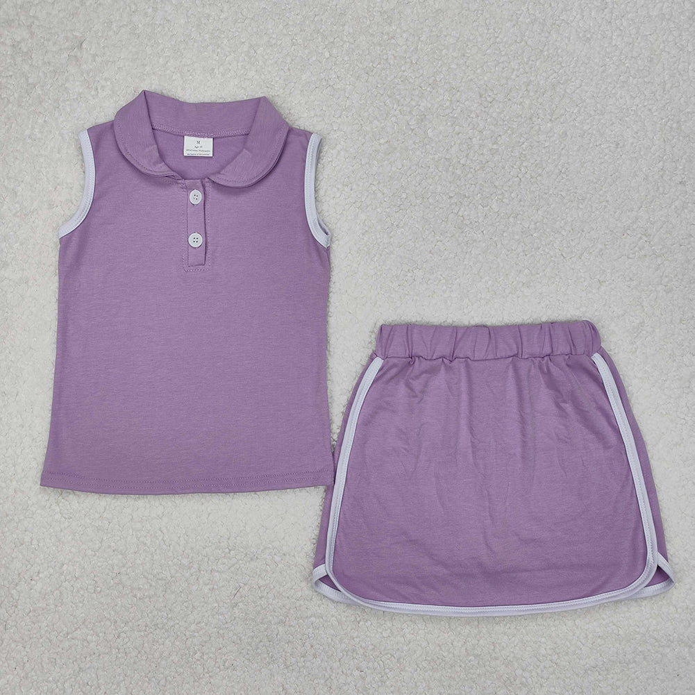 GSD1976Lavender Cotton Sleeveless Polo Shirt Skirt Set for Girls Kids Clothing Outfit