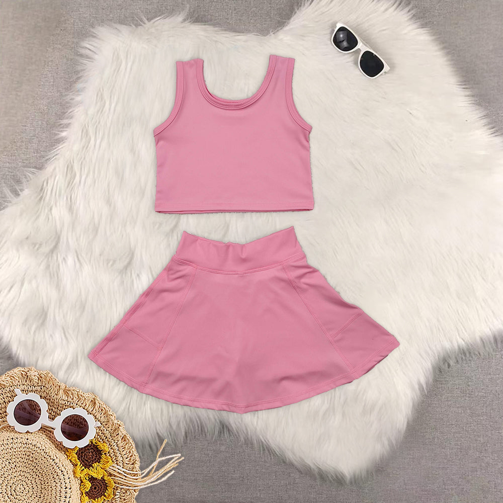 8.18 Sibling Baby Girls Yoga Outfits Pink short sleeves crop top ruffle skirt girls active set