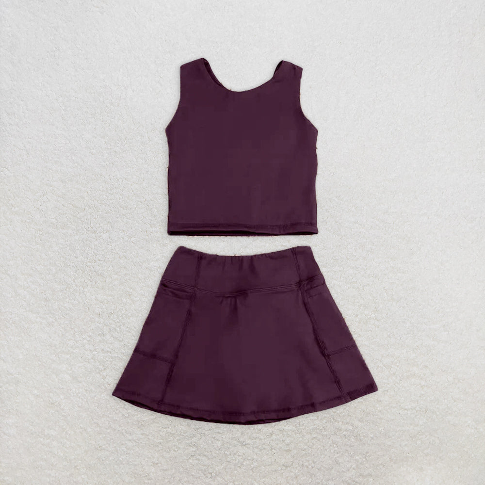 6.16 GSD1981 RTS NO MOQ Baby Girls Yoga Outfits Brown sleeveless top skirt kids girls active wear set