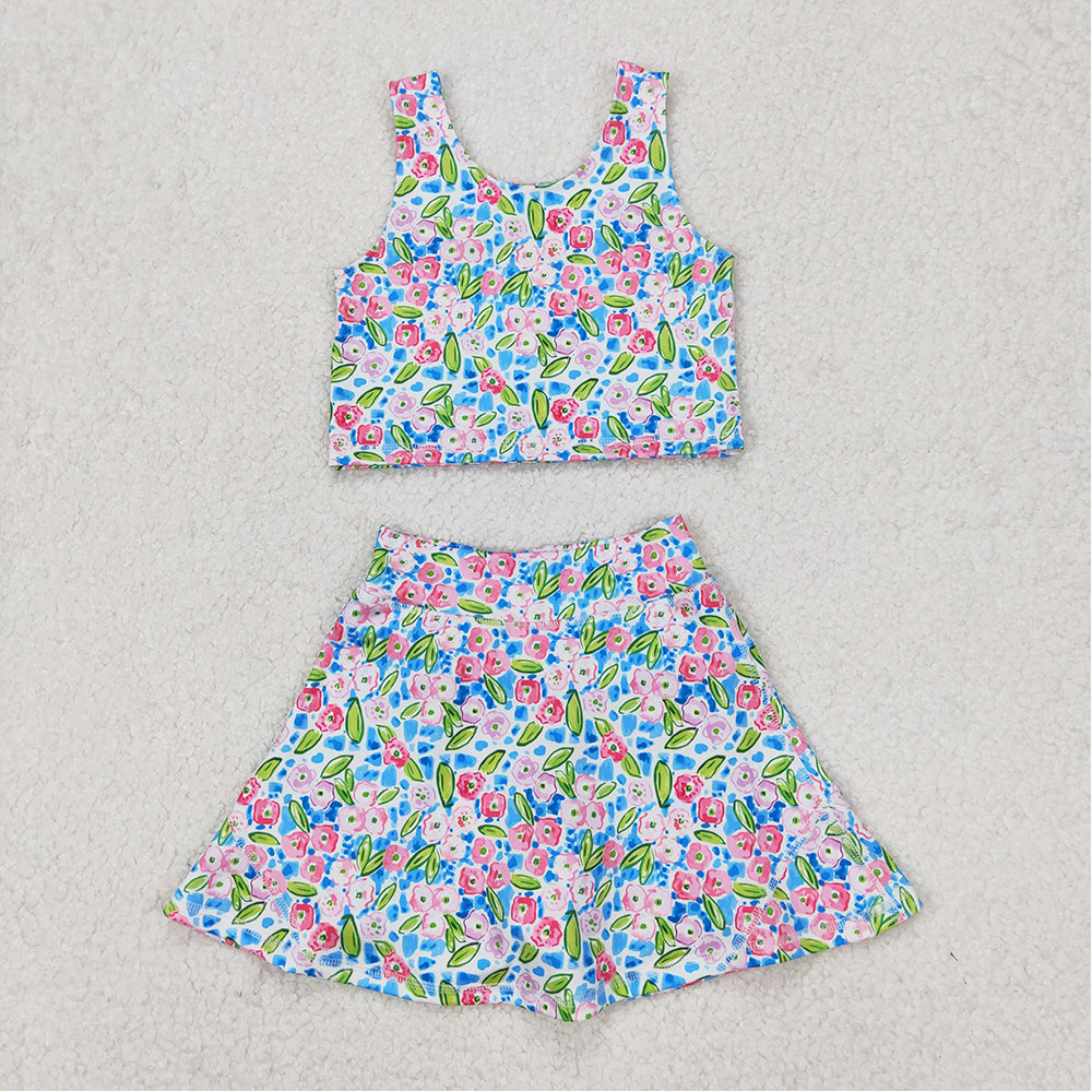 5.19 GSD1988 RTS NO MOQ Blue sleeveless floral top skirt girls activewear set