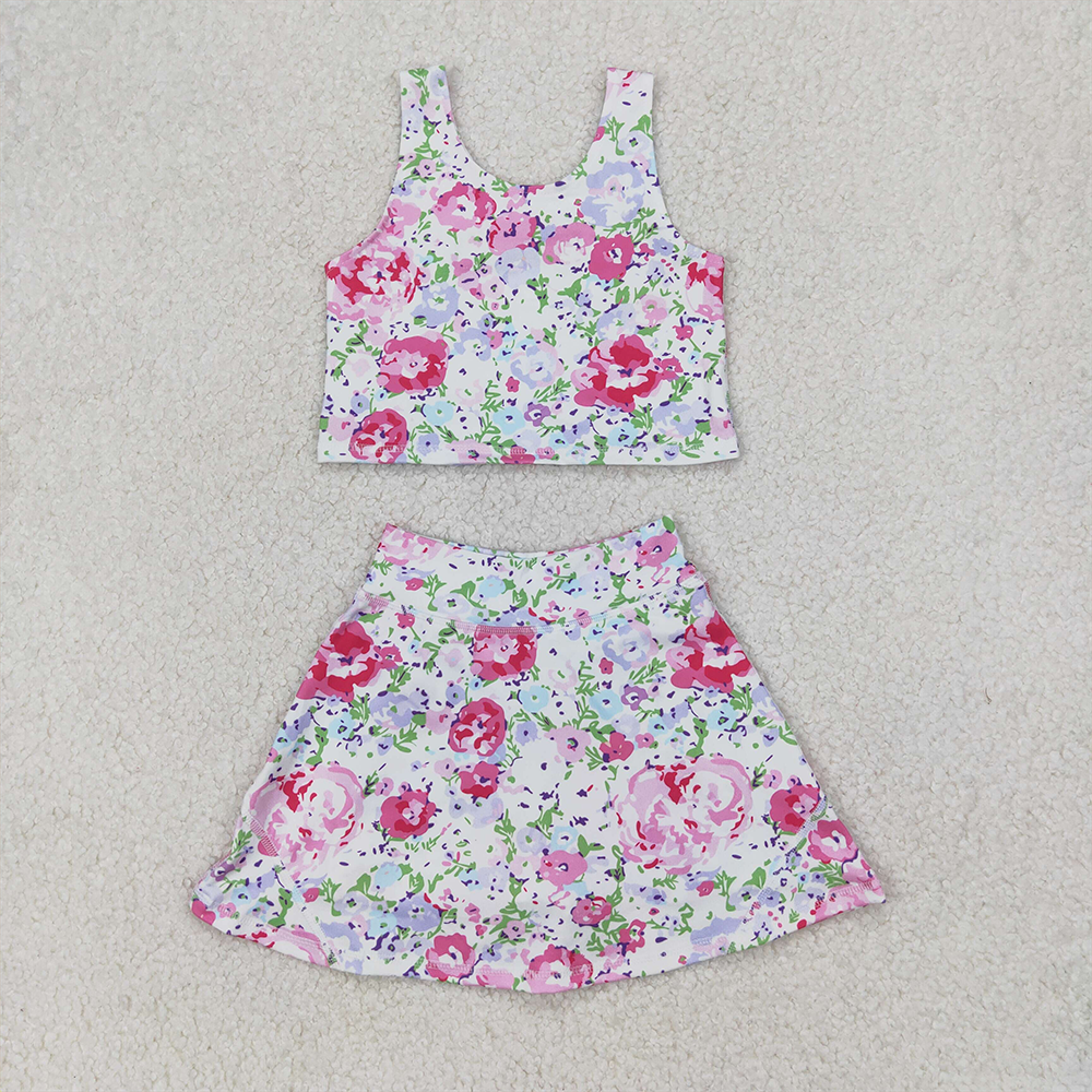 GSD1989 RTS NO MOQ Baby Girls Summer Yoga Outfits Sleeveless floral top skirt girls activewear clothing set