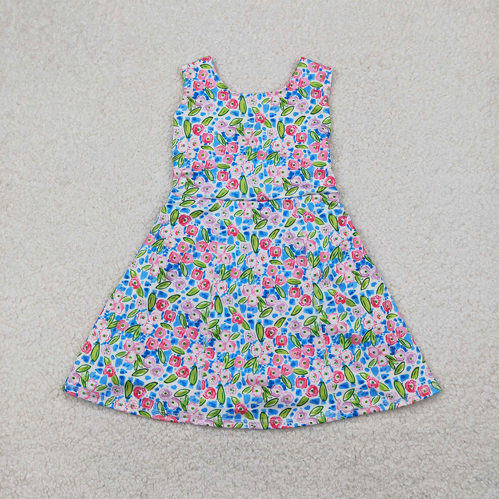 4.14 GSD1990 RTS NO MOQ Baby Girls Summer Yoga Dress Sleeveless blue floral kids girls athletic dresses