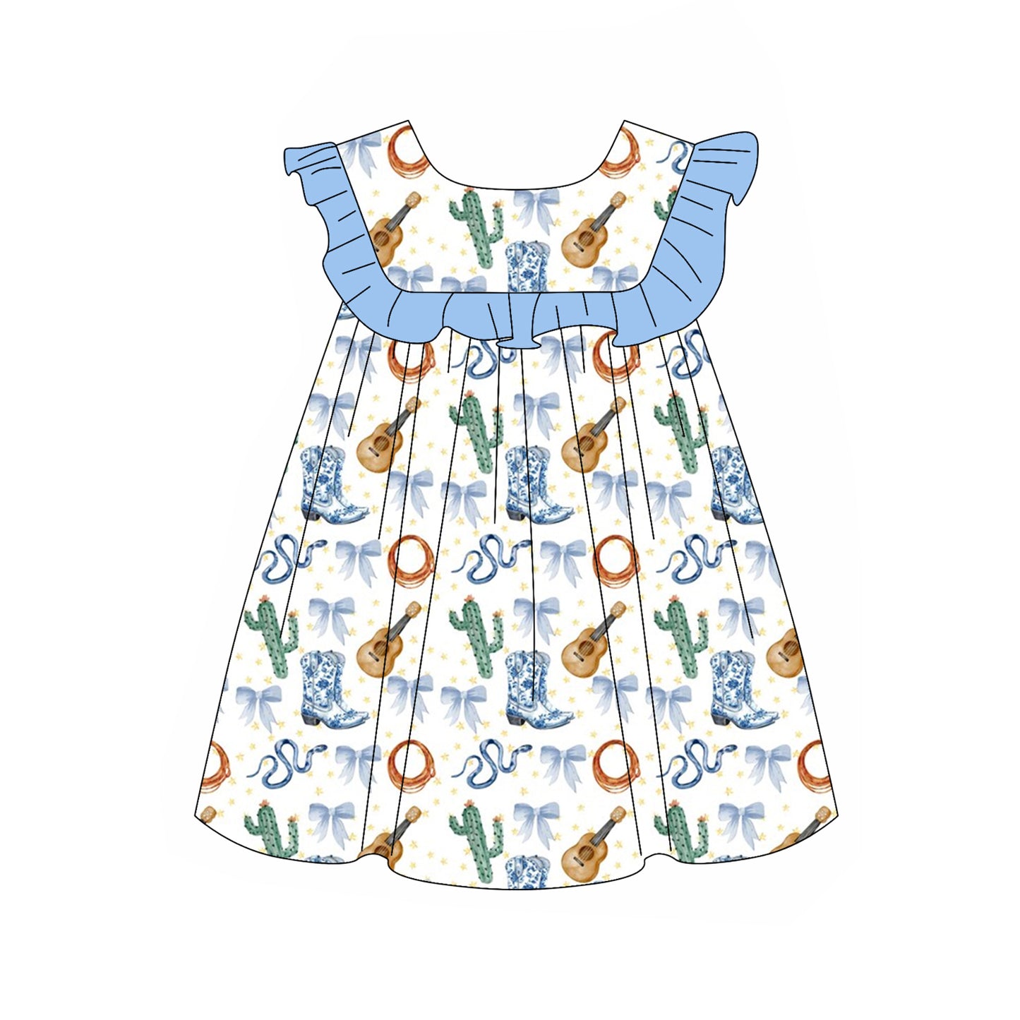Light Blue Ruffle Cactus Bow Western Style Girls Dress Cute Country Chic Girls Clothing