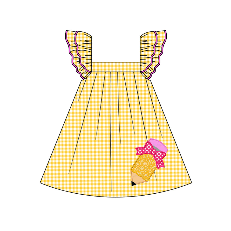 GSD2012Girls Yellow Plaid Pencil Dress with Flutter Sleeves Cute Back to School Dress for Kids