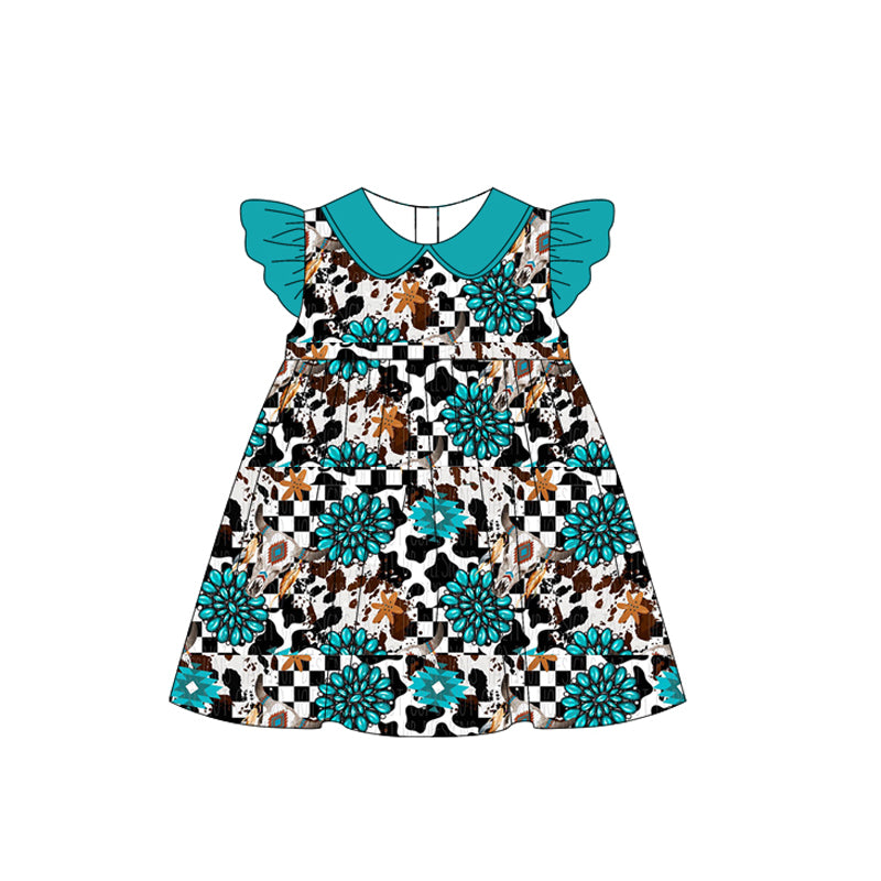 Turquoise Bull Skull Western Girls Outfit with Flutter Sleeves Unique Country Style Children's Clothing