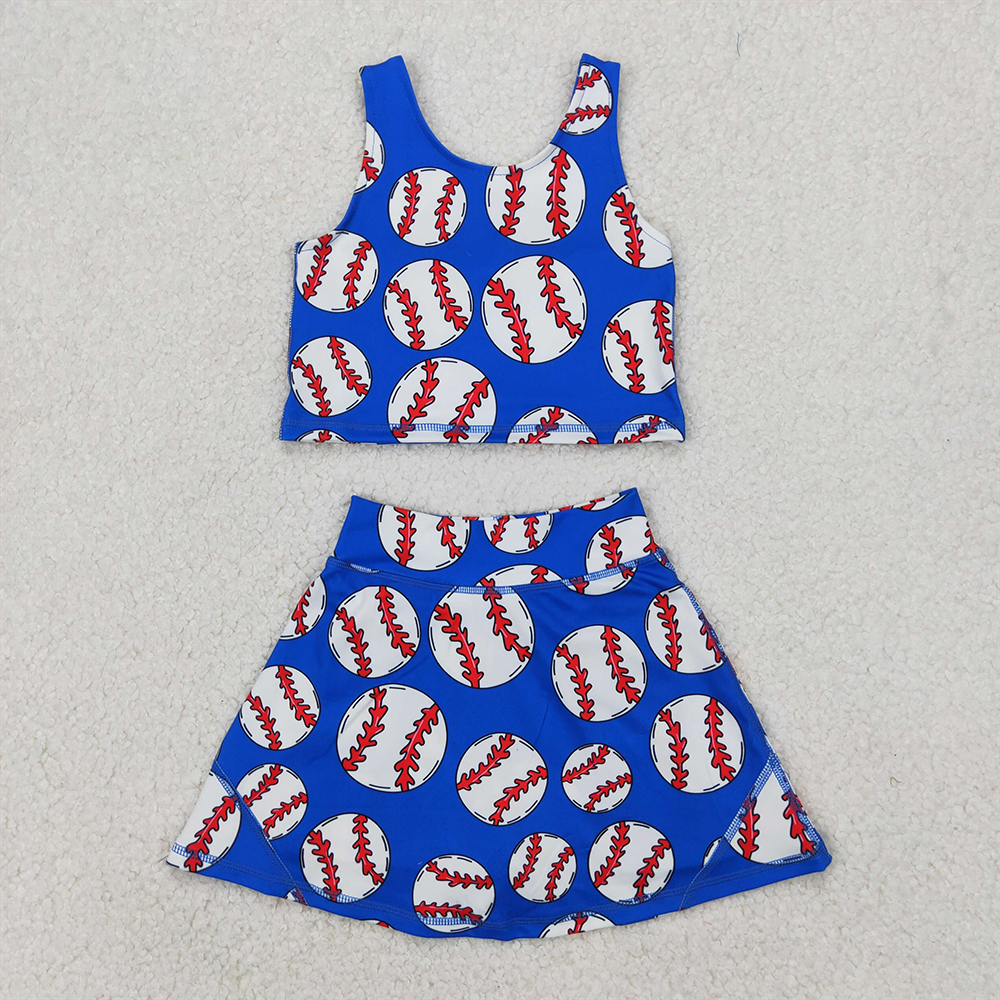 5.28 RTS NO MOQ Baby Girls Summer Yoga Outfits Sleeveless blue baseball top skirt girls activewear clothing set