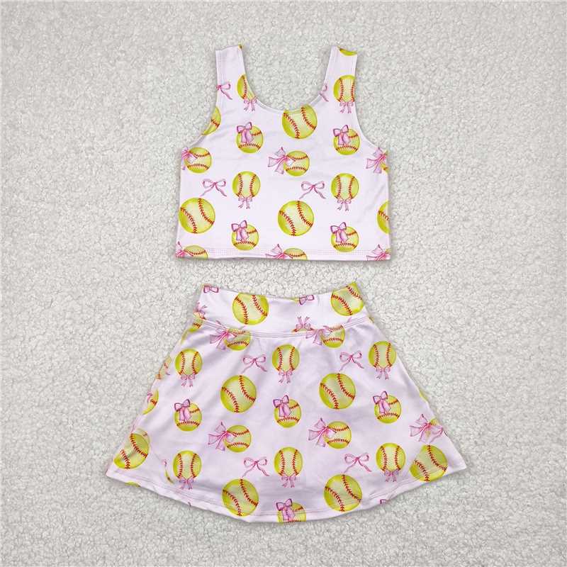 7.14 RTS NO MOQ Sleeveless softball bow top skirt girls active wear set