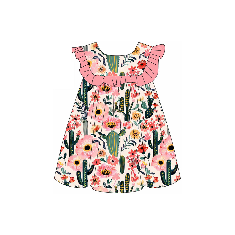 Girls Western Style Ruffle Shorts Set Pink Cactus Floral Tunic Top And Bottoms Outfit for Kids