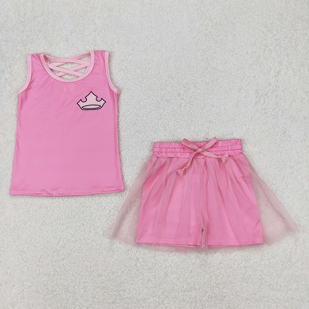 4.30 GSD2066 RTS NO MOQ Baby Girls Hot Pink Sleeveless Crown Top Tulle Skirt With Short Set