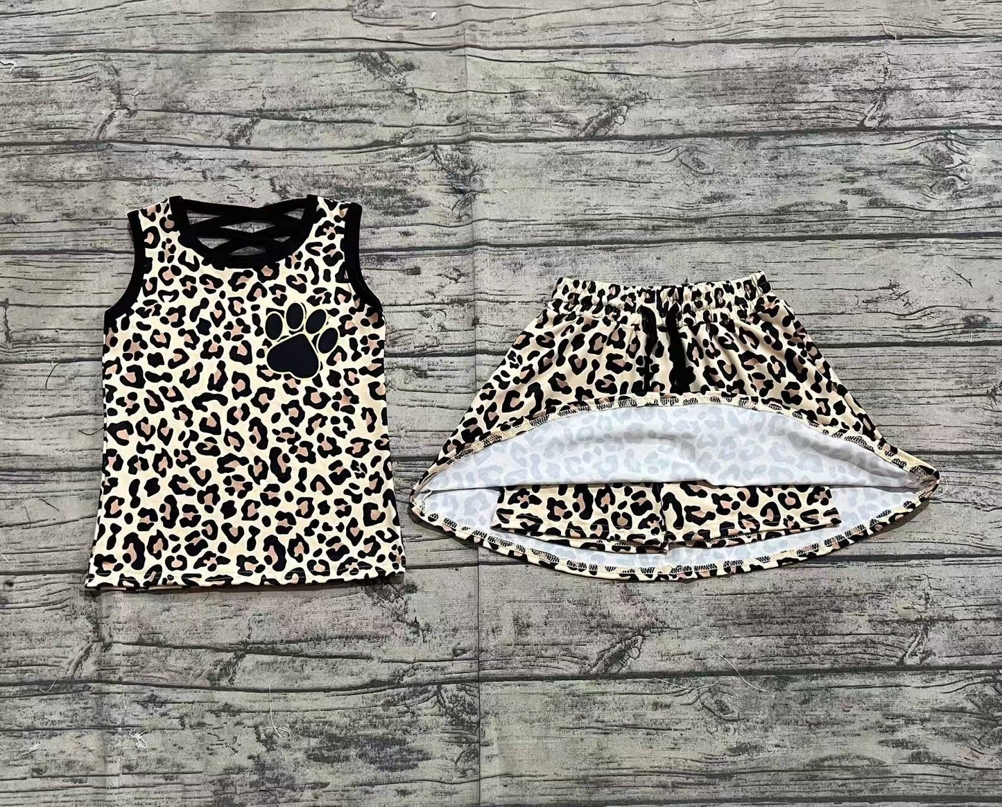 GSD2077Toddler Girls Sleeveless Leopard Print Top Skirt Set Cute Animal Patterned Outfit for Little Girls