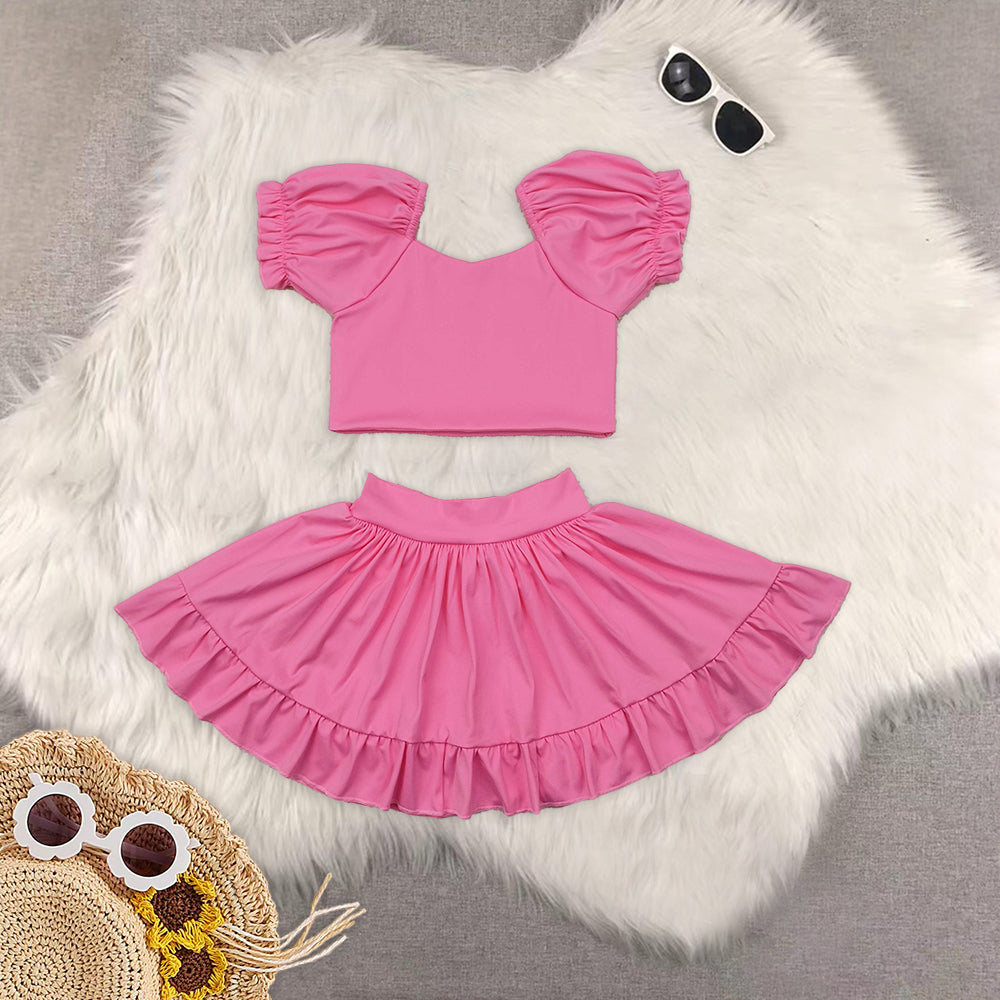 8.18 Sibling Baby Girls Yoga Outfits Pink short sleeves crop top ruffle skirt girls active set