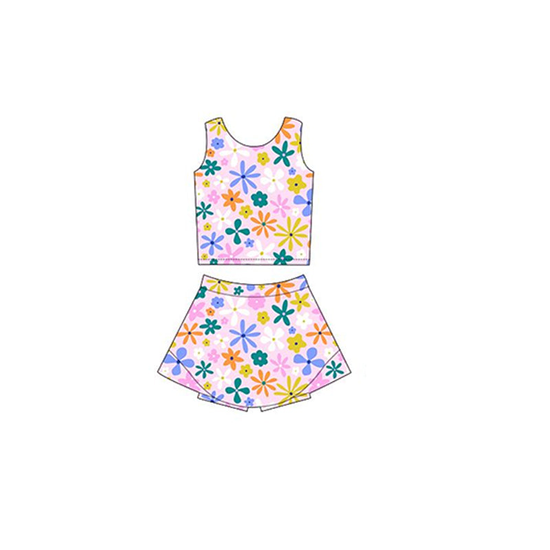 Vibrant Multi-Color Floral Sleevelest Top and Skirt Set for Active Girls