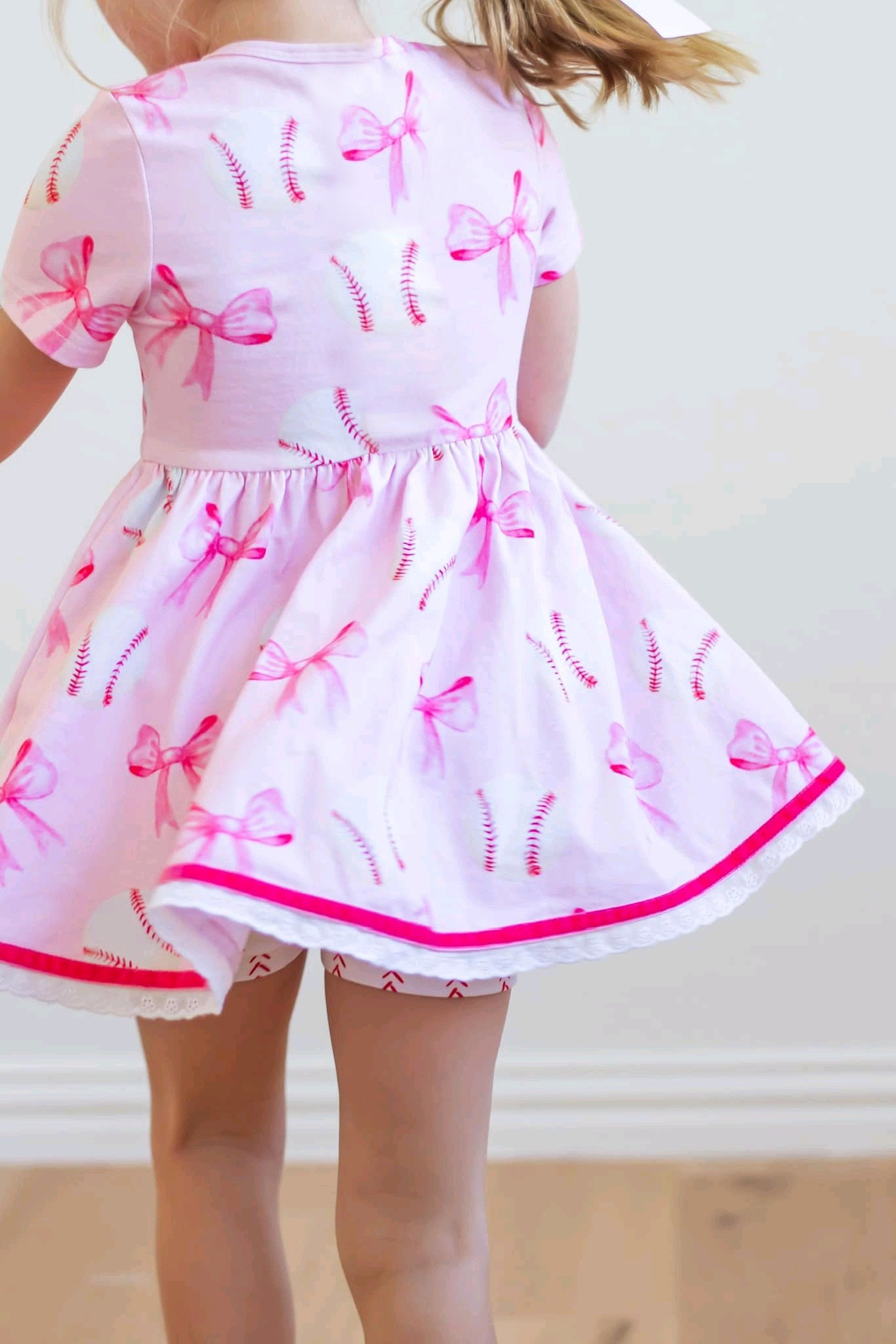 GSD2126Kids Girls Short Sleeve Pink Bow Baseball Dress Cute Children's Clothing