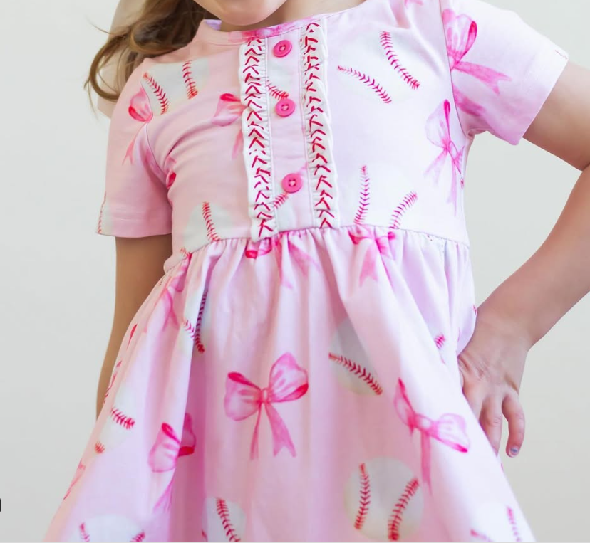 GSD2126Kids Girls Short Sleeve Pink Bow Baseball Dress Cute Children's Clothing
