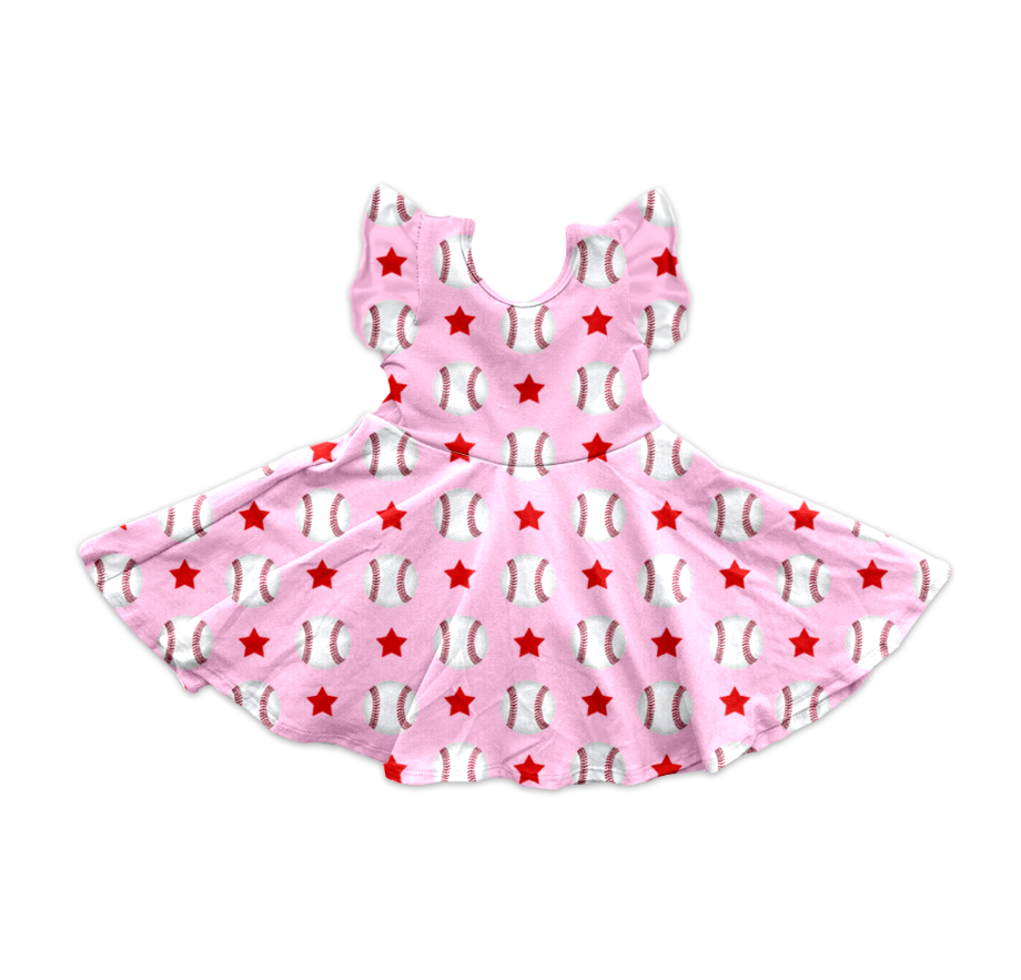GSD2132Kids Girls Pink Baseball Stars Print Dress with Flutter Sleeves Cute Casual Fashionable Children's Clothing