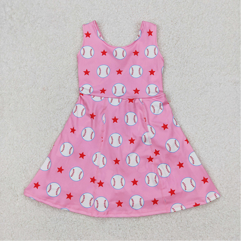 4.14 GSD2135 RTS NO MOQ Sleeveless pink baseball stars kids girls athletic dresses