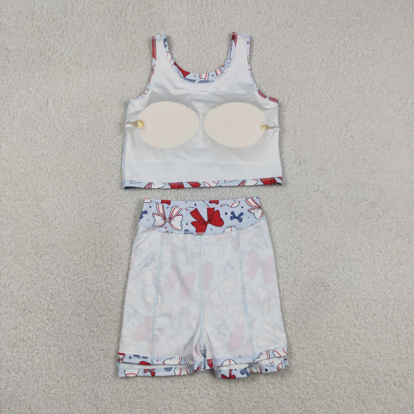 GSD2151 RTS NO MOQ (In stock )Sleeveless baseball red blue bow kids girls active wear set