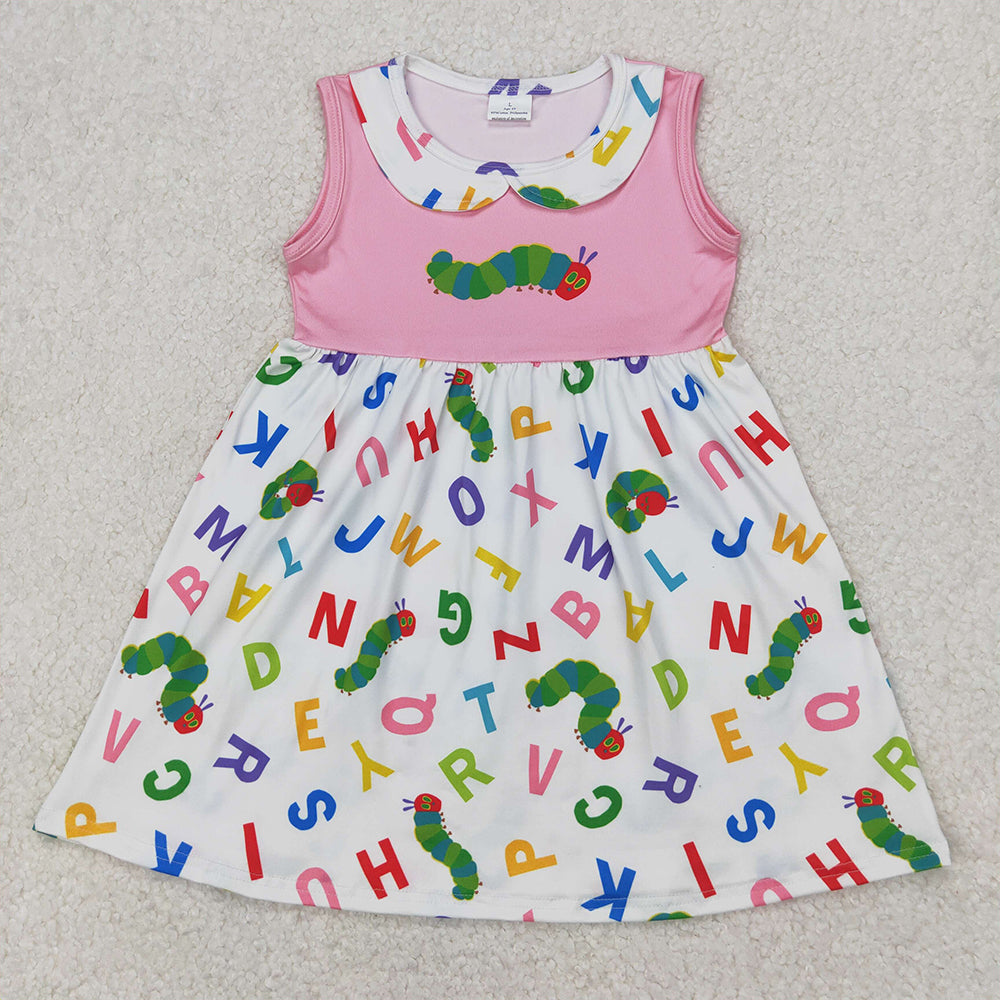 4.09 GSD2152 RTS NO MOQ Baby Girls Summer Dress Baby Girls Pink Sleeveless Letters Caterpillar Dress