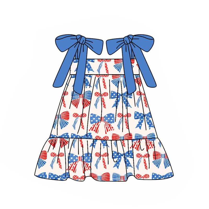 Girls 4th of July Outfit Straps Stars Red Blue Bow Tunic Top with Shorts US Independence Day Themed Clothing for Kids