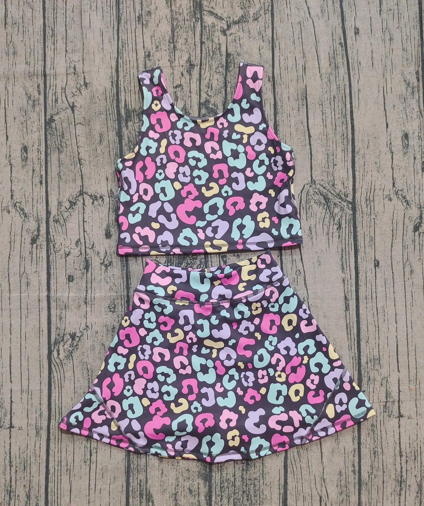 10.1 GSD2176 Sample No Moq Yoga fabric Baby Girls Colorful Leopard Vest Top Skirt Shorts Yoga Clothes Sets