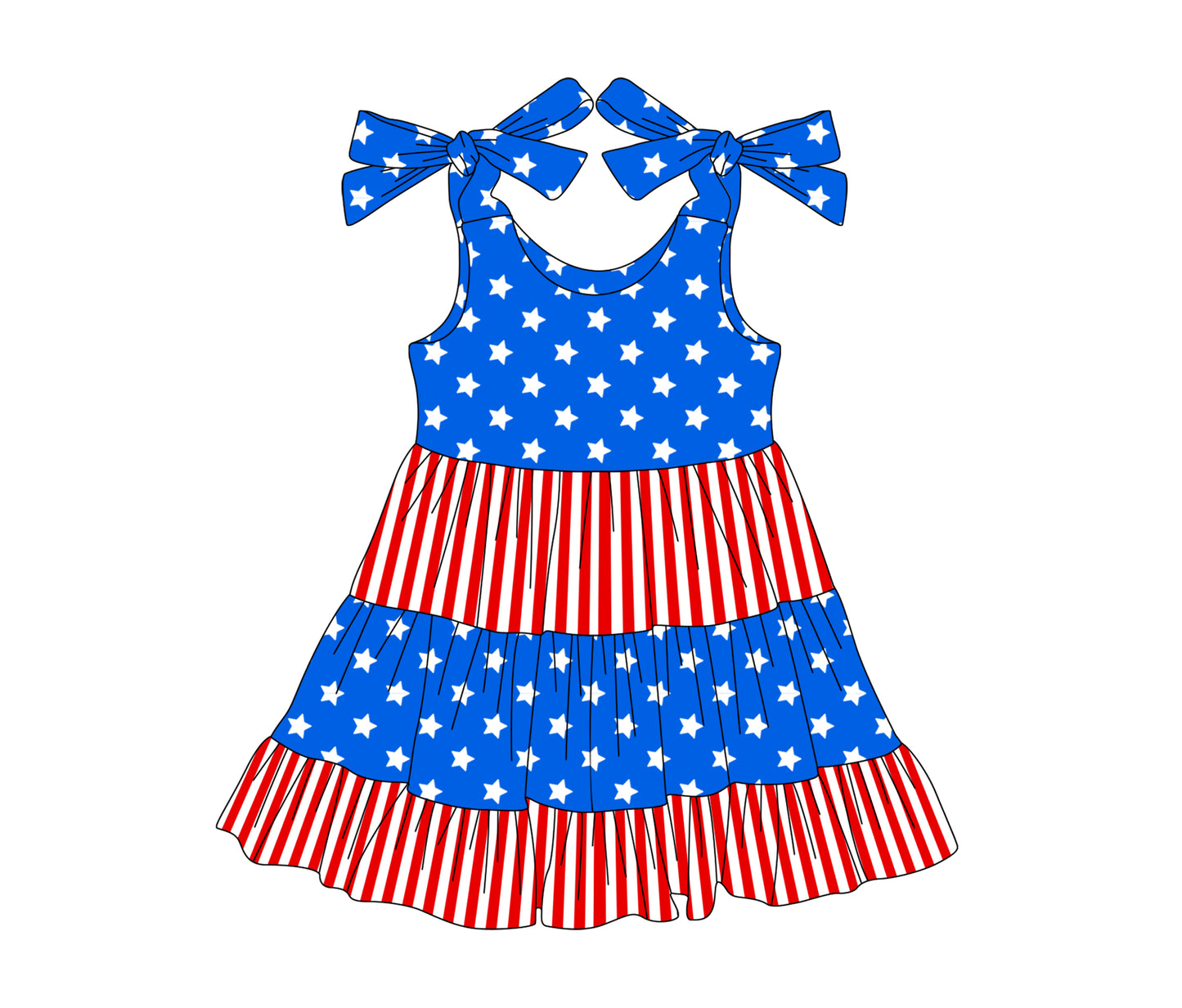GSD2185Girls' Stars Stripe Patchwork Ruffle Dress, 4th of July