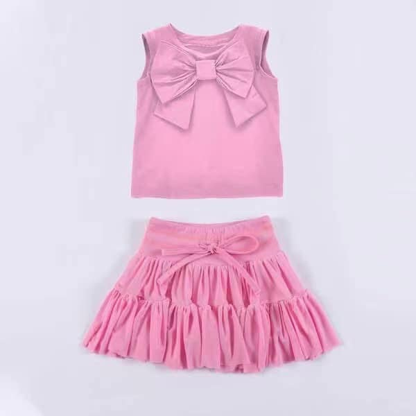 GSD2192Kids Girls Pink Sleeveless Bow Top Ruffle Skirt Set - Cute Casual Outfit