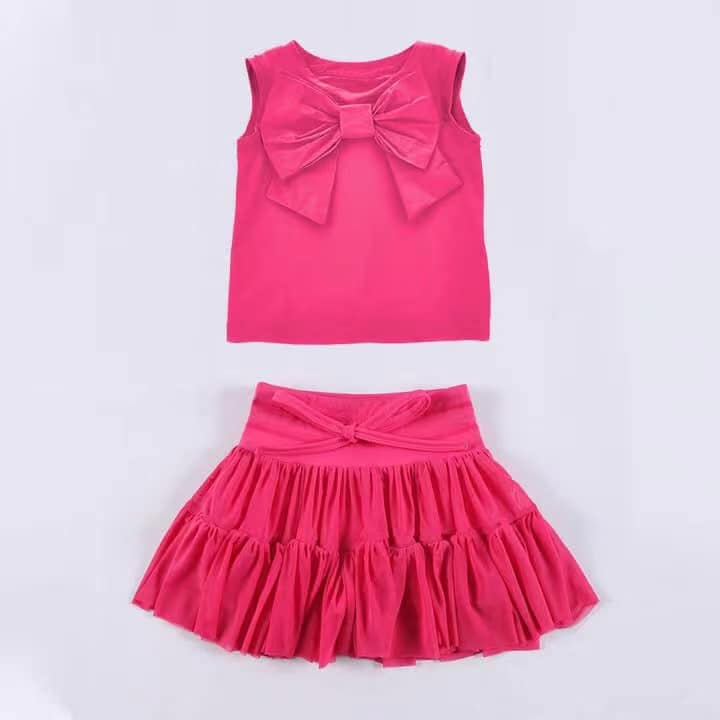 GSD2195Kids Girls Hot Pink Bow Cotton Top Ruffle Skirt Set - Cute Casual Outfit for Children