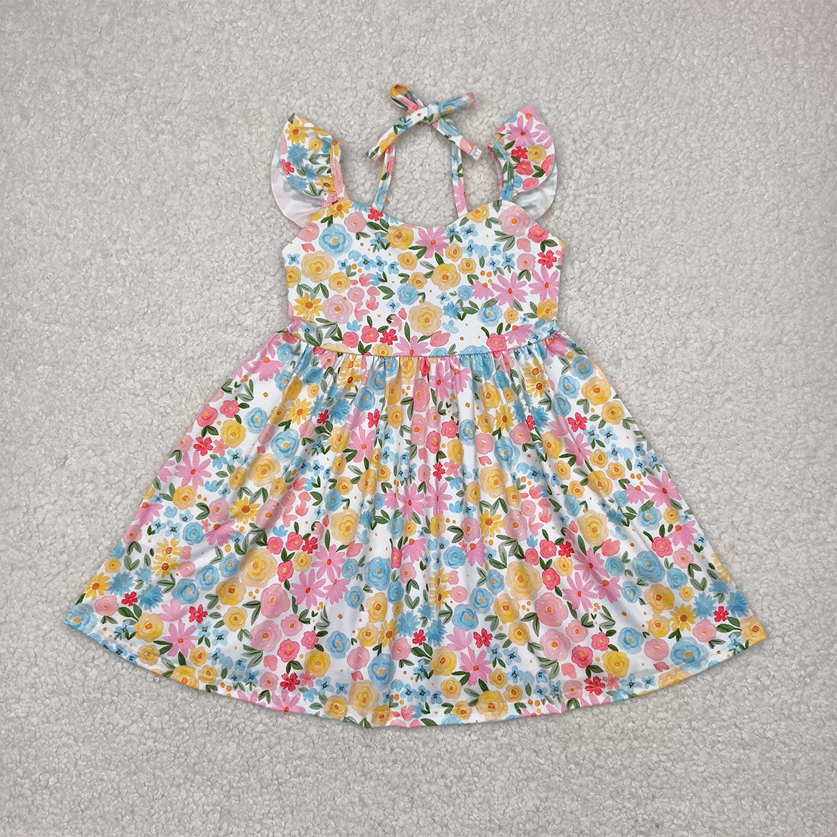 GSD2207 RTS NO MOQ Baby Girls Summer Dress Kids Girls Yellow Floral Backless Dress with Flutter Sleeves Cute Casual Summer Dress for Girls
