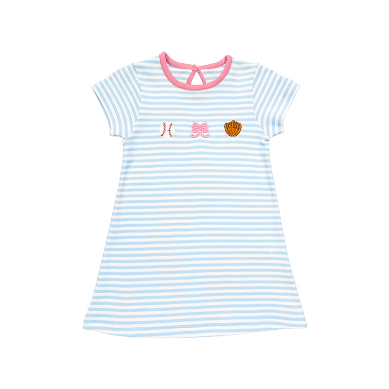 Light Blue Stripe Baseball Bow Baby Girls Dress Cute Infant Girl Outfit Soft Cotton Clothing for Little Girls
